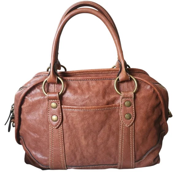 FRYE Melissa Dark Brown CognacDomed Leather Satchel Bag Double Rolled Handles - Picture 1 of 13